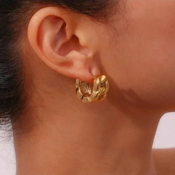 \NEW \ 18K GOLD \ CHUNKY HOOP CUBAN CHAIN EARRINGS